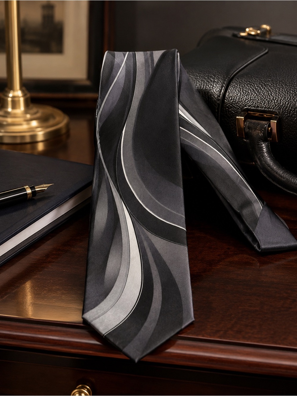 Puritan Men’s Black Gray Abstract Swirl Neck Tie 100% Silk 3.75” Wide